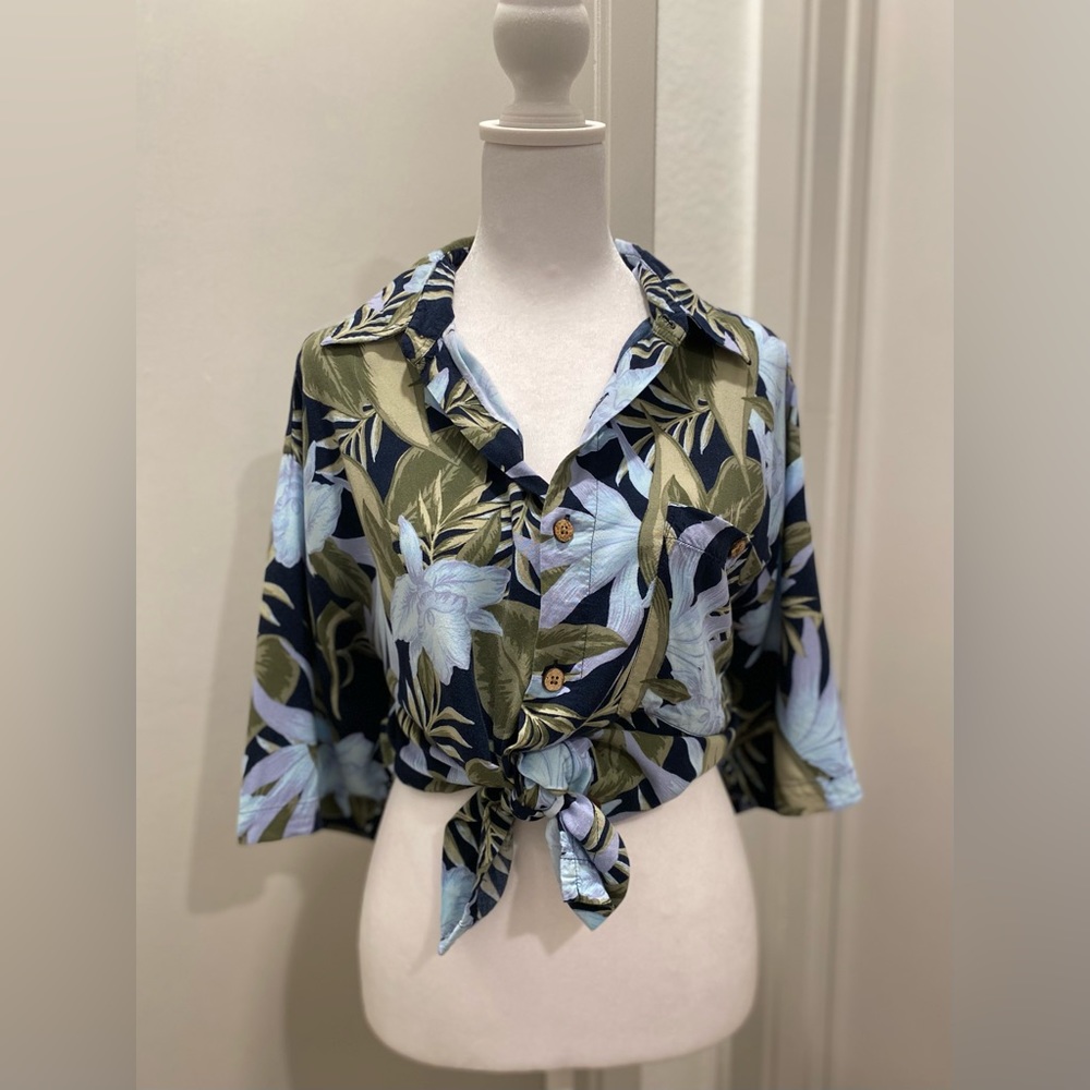 VTG Retro Puritan Hawaiian Tropical Leaves Floral Print Button-Up Shirt - M